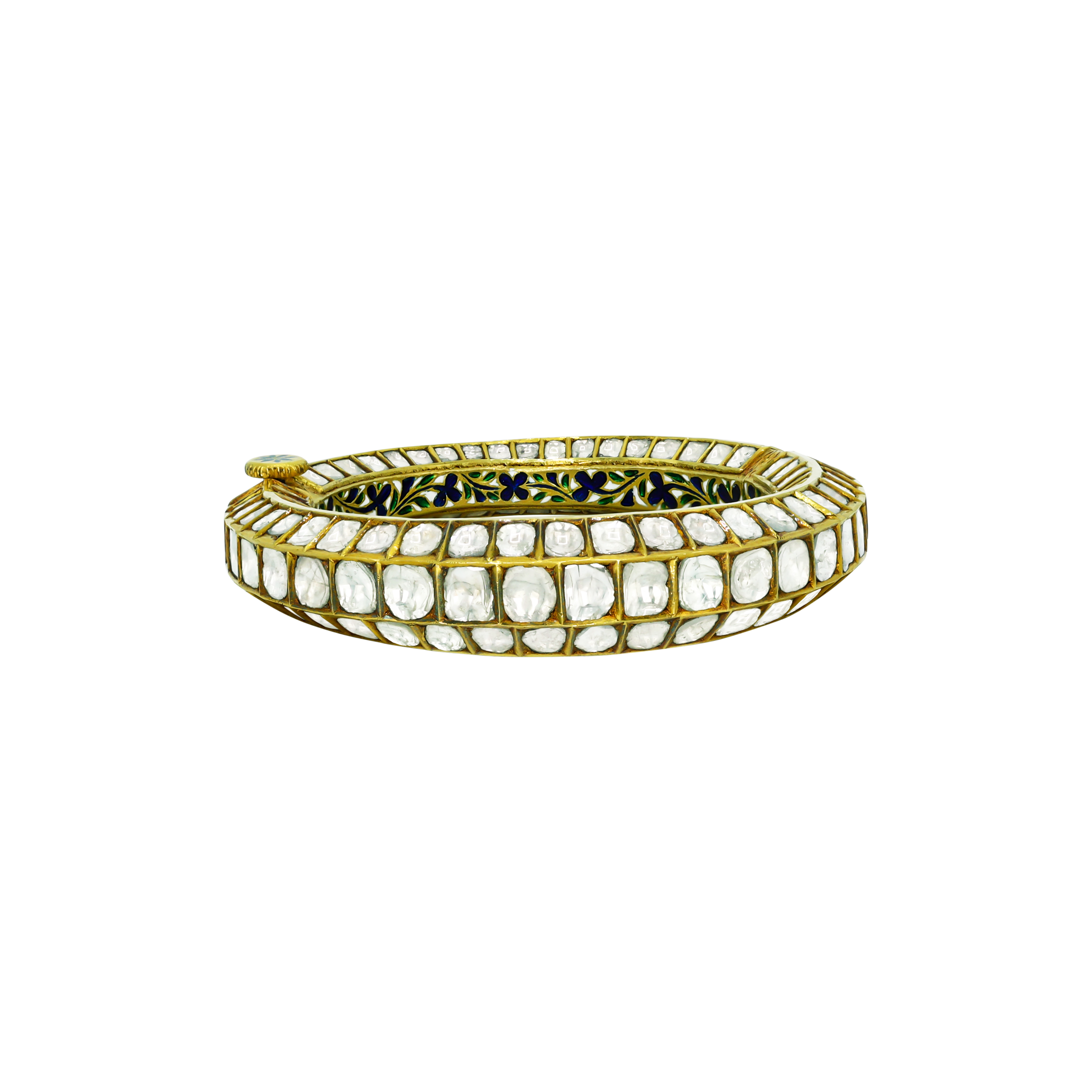 Triple-Row Polki Bangle with Blue Floral Enamel Detail